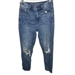 American Eagle High Rise Mom Jeans Distressed Ripped Knee Blue Size 2 Regular